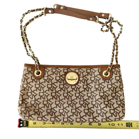 DKNY Brown Monogram Jacquard Logo Chain Strap Small Crossbody Shoulder Bag - Picture 15 of 16
